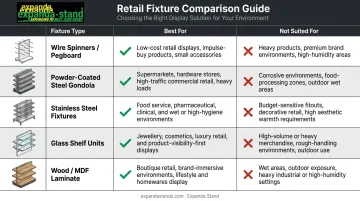 Retail display rack types comparison chart matching fixture to product category