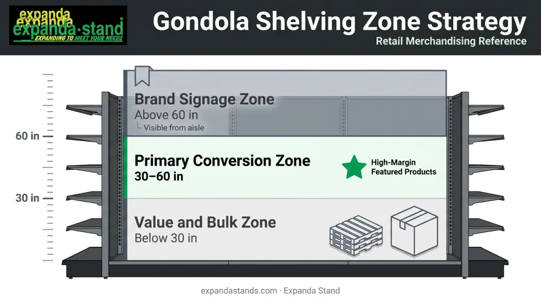 Three-zone retail gondola shelving vertical space utilisation diagram