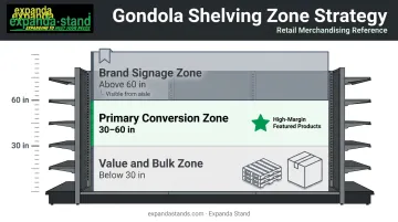 Three-zone retail gondola shelving vertical space utilisation diagram