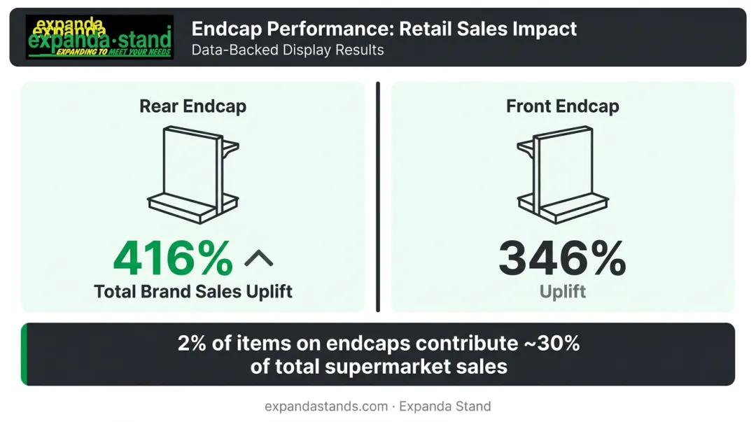 Endcap display sales uplift statistics showing 416 percent brand revenue increase