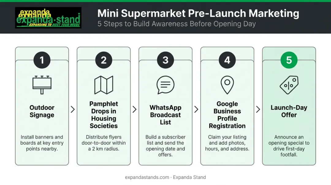 Five pre-launch marketing steps for mini supermarket local customer acquisition infographic