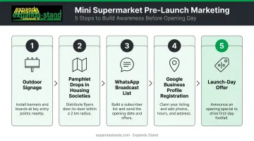 Five pre-launch marketing steps for mini supermarket local customer acquisition infographic