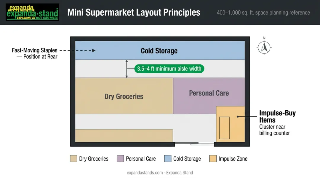 Mini supermarket floor layout principles showing product zone placement and aisle flow