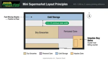 Mini supermarket floor layout principles showing product zone placement and aisle flow