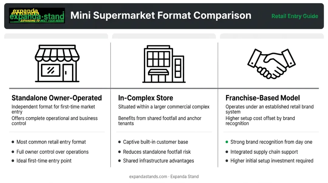 Three mini supermarket format types comparison infographic for Indian retail entrepreneurs