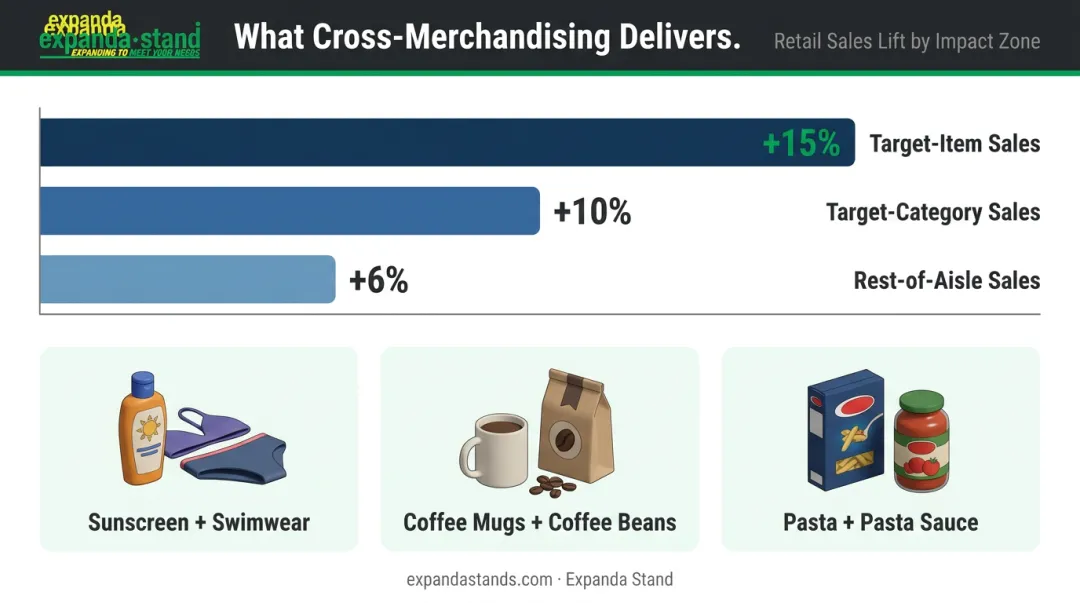 Cross-merchandising strategy results showing sales lift across three retail categories
