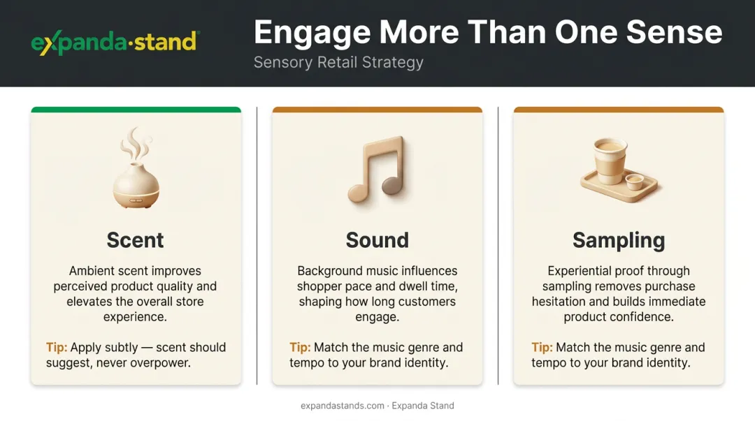Three sensory retail engagement techniques scent sound and sampling illustrated