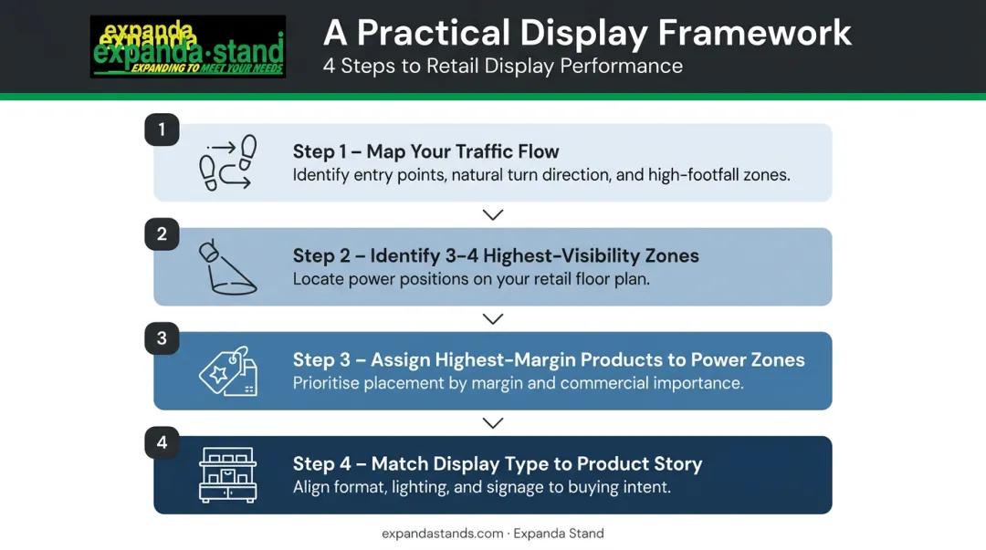 Four-step retail display strategy framework from traffic mapping to fixture matching