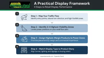 Four-step retail display strategy framework from traffic mapping to fixture matching