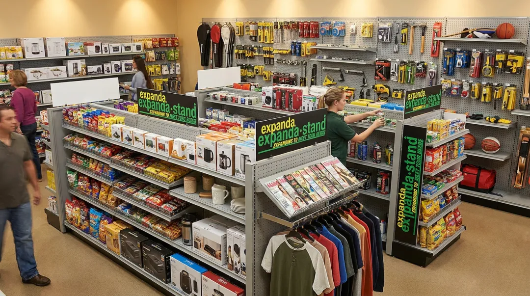 Custom gondola shelving and wall-mounted rack systems in retail store installation