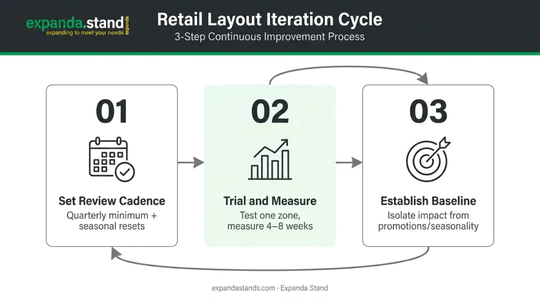 Three-step retail space plan review and iteration cycle process infographic