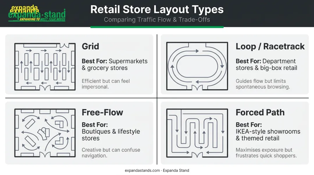 Four retail store layout types comparison grid loop free-flow forced path