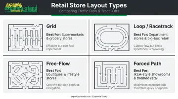 Four retail store layout types comparison grid loop free-flow forced path