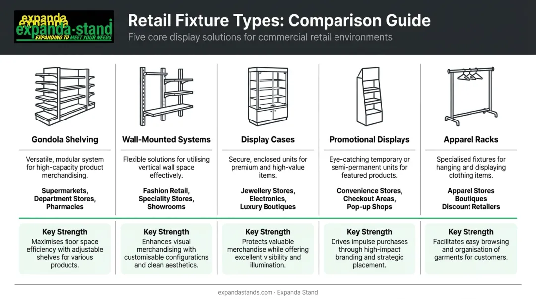 Five main retail store fixture types comparison layout and best use cases
