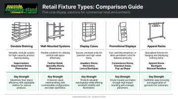 Five main retail store fixture types comparison layout and best use cases