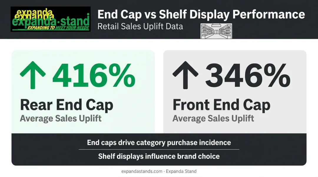 End cap versus shelf display sales uplift percentage comparison retail infographic