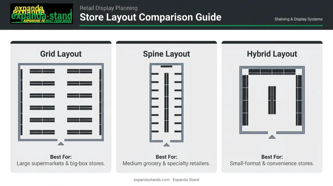 Small general store layout comparison grid spine and hybrid formats guide