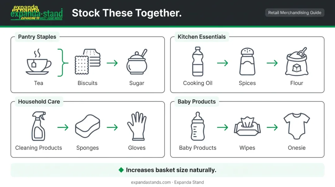 Cross-merchandising product pairing examples to increase kirana store basket size