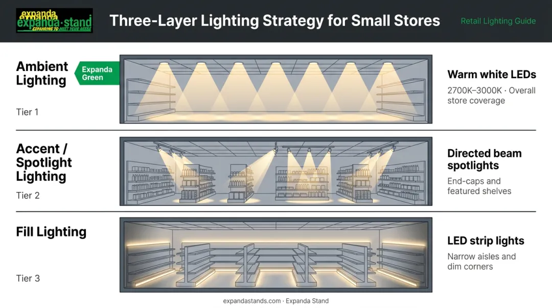 Three-layer retail lighting strategy ambient accent and fill light diagram