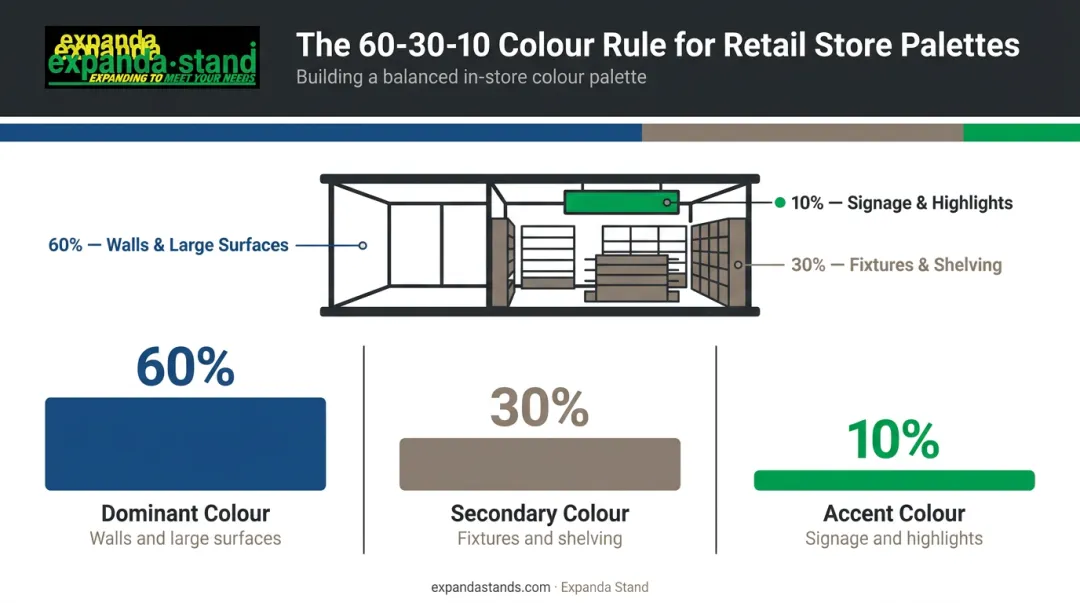60-30-10 retail colour rule framework showing dominant secondary and accent proportions