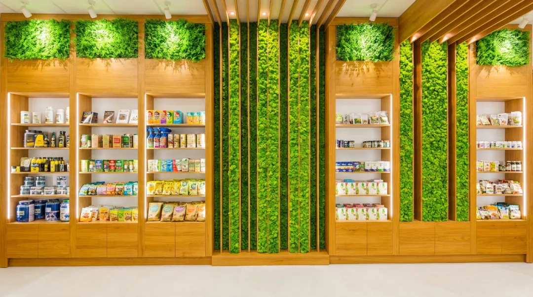 organic food retail store interior with green colour scheme and natural materials