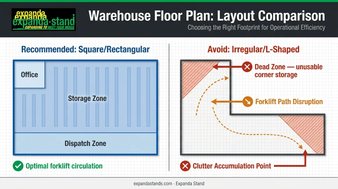 Square versus irregular warehouse footprint layout comparison infographic
