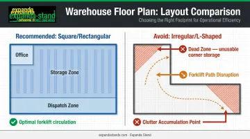 Square versus irregular warehouse footprint layout comparison infographic