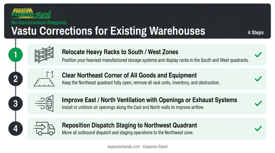 4-step Vastu warehouse correction checklist without structural reconstruction required