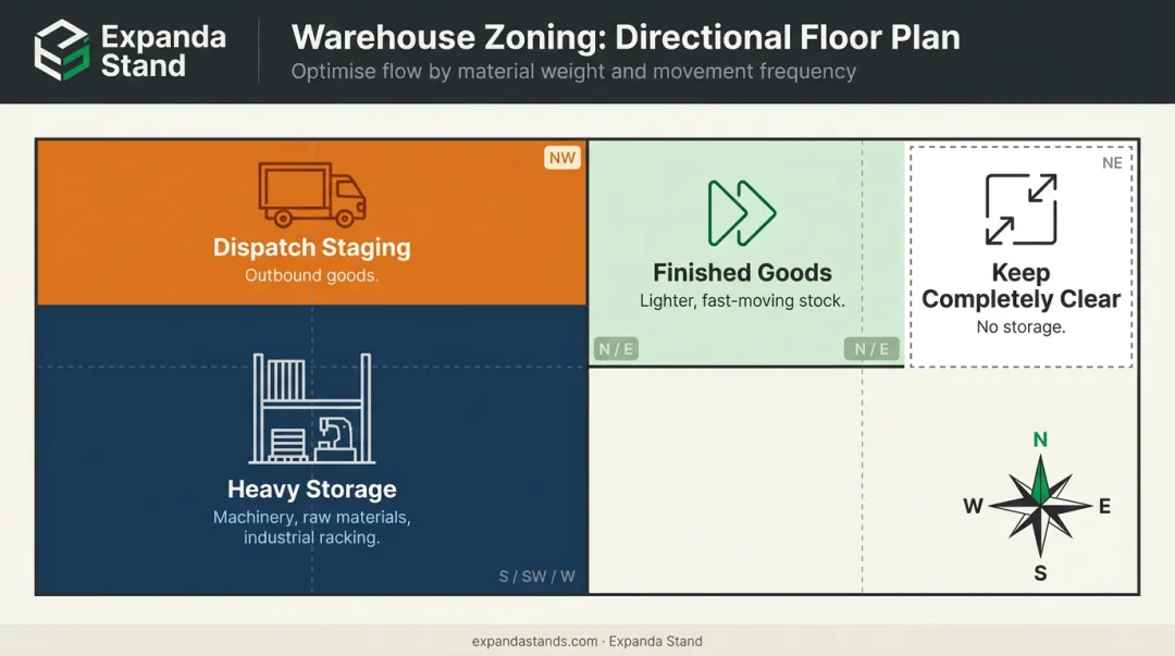Vastu warehouse directional zoning map with storage allocation by compass zone