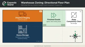 Vastu warehouse directional zoning map with storage allocation by compass zone
