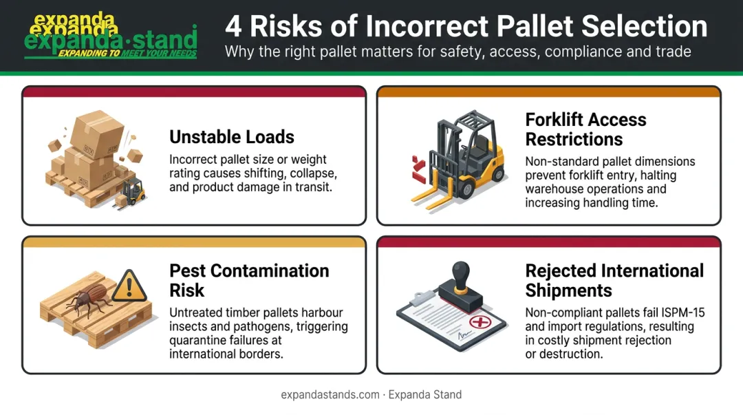 Four key risks of wrong pallet selection in warehouse operations infographic
