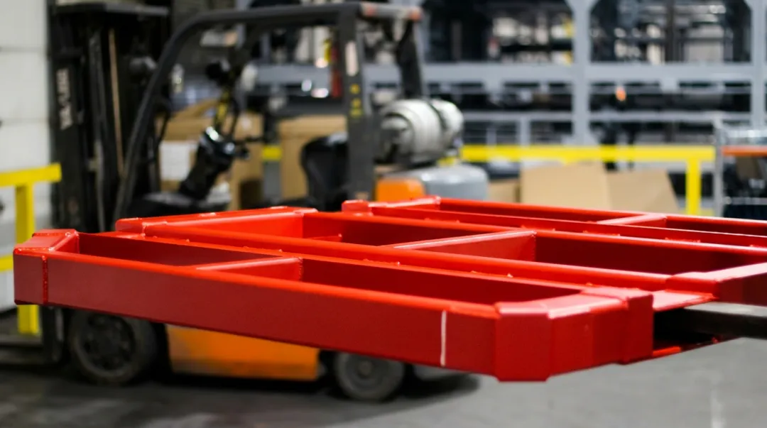 Heavy-duty steel metal pallets stacked in industrial warehouse facility