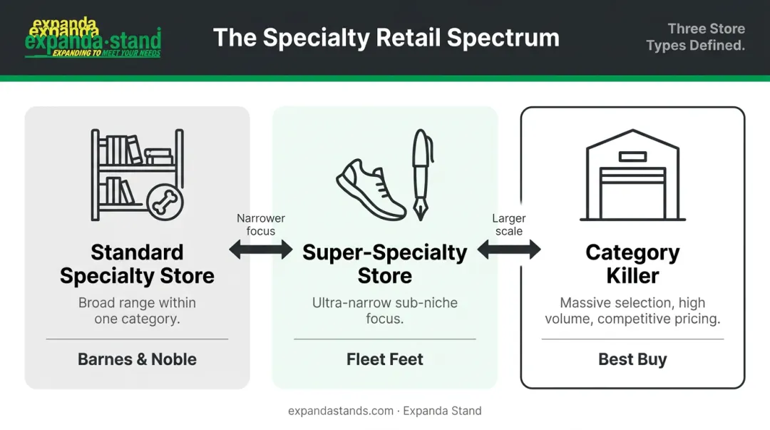 Three-tier specialty retail spectrum from standard stores to category killers