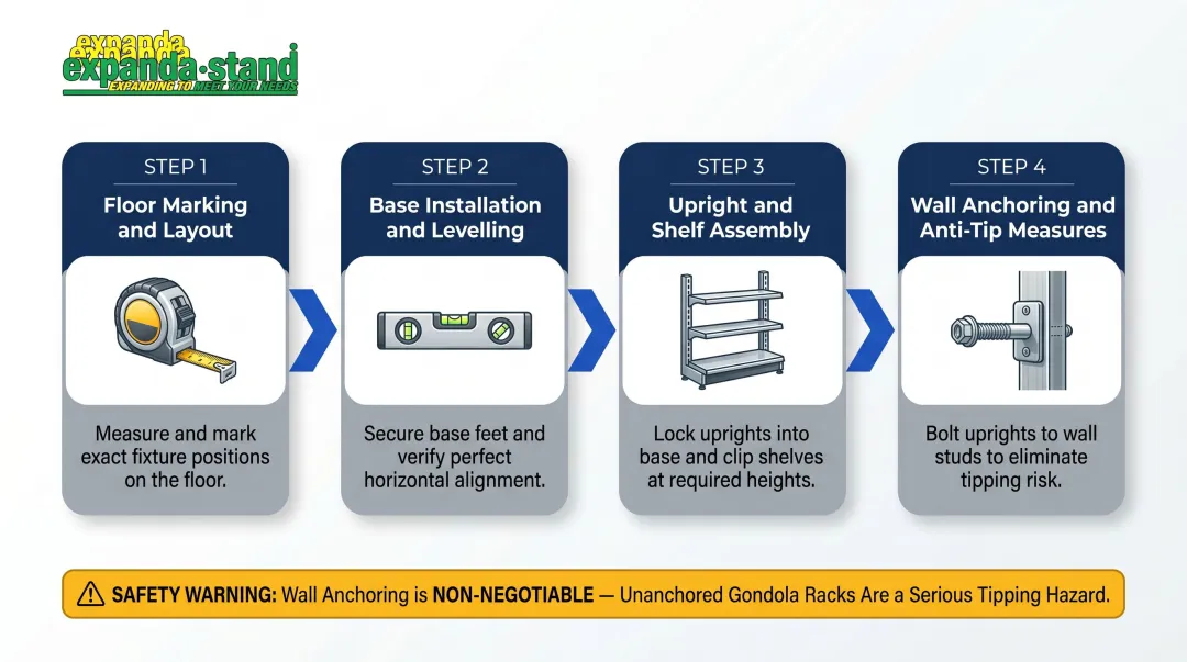 Four-step gondola rack assembly and floor anchoring process flow diagram