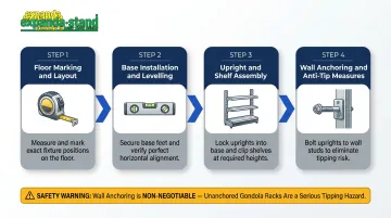 Four-step gondola rack assembly and floor anchoring process flow diagram
