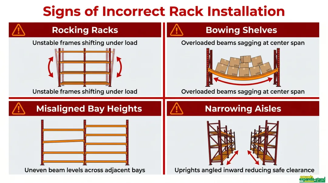 Four warning signs of incorrect supermarket rack installation with visual indicators