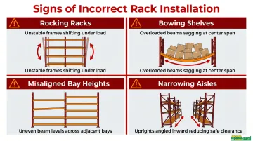 Four warning signs of incorrect supermarket rack installation with visual indicators