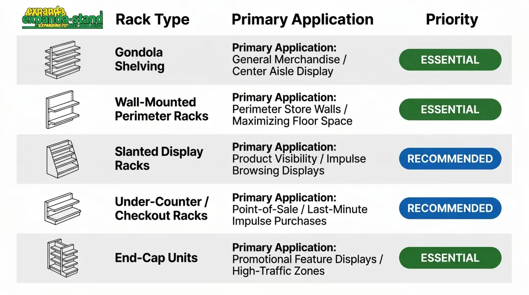 Five mini supermarket rack types with applications and priority comparison chart