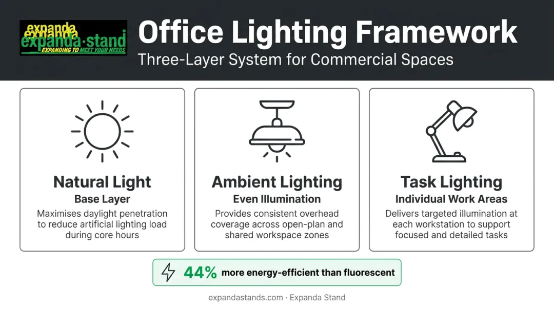 Three-layer office lighting system combining natural ambient and task lighting