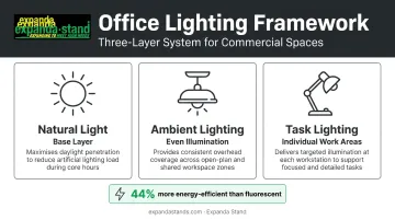 Three-layer office lighting system combining natural ambient and task lighting