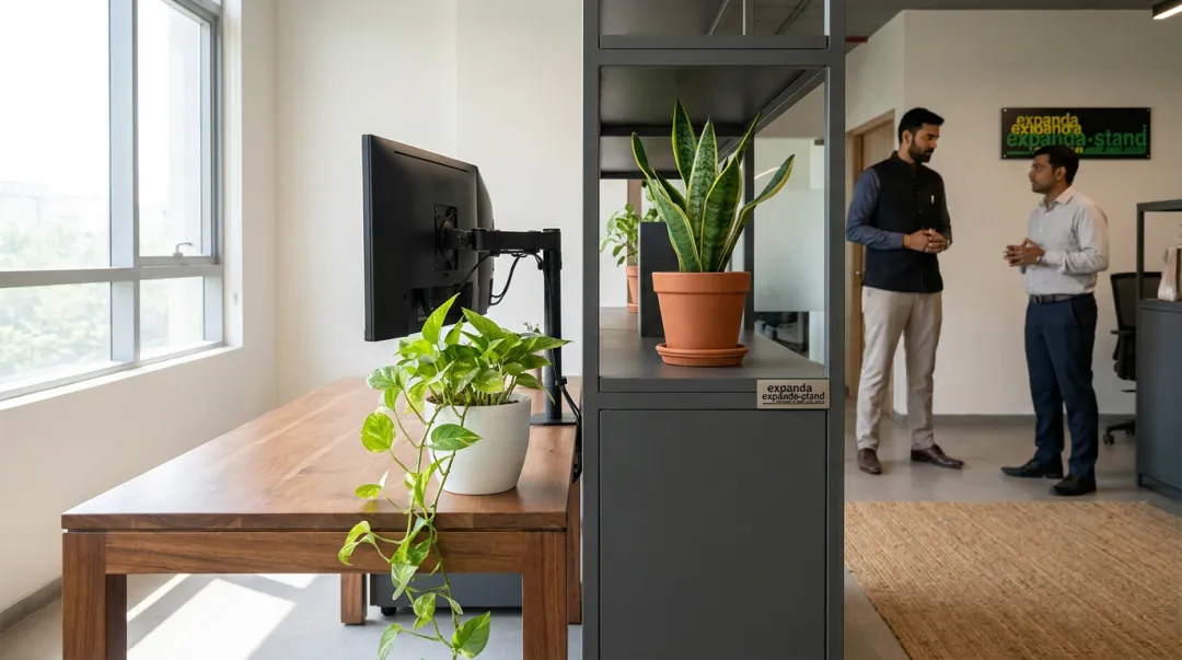 Biophilic office workspace with indoor plants natural materials and wooden surfaces