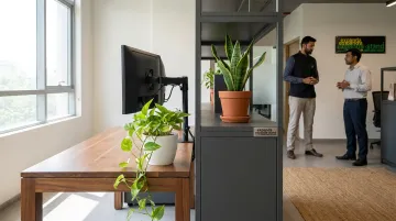 Biophilic office workspace with indoor plants natural materials and wooden surfaces