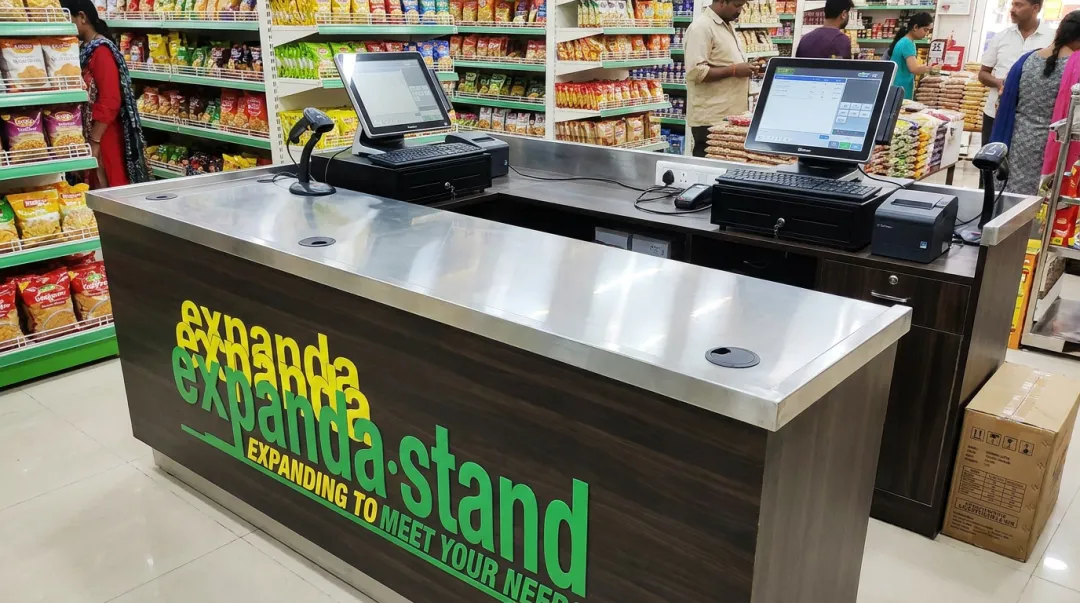 Custom fabricated POS billing counter with integrated cable management and branding panels