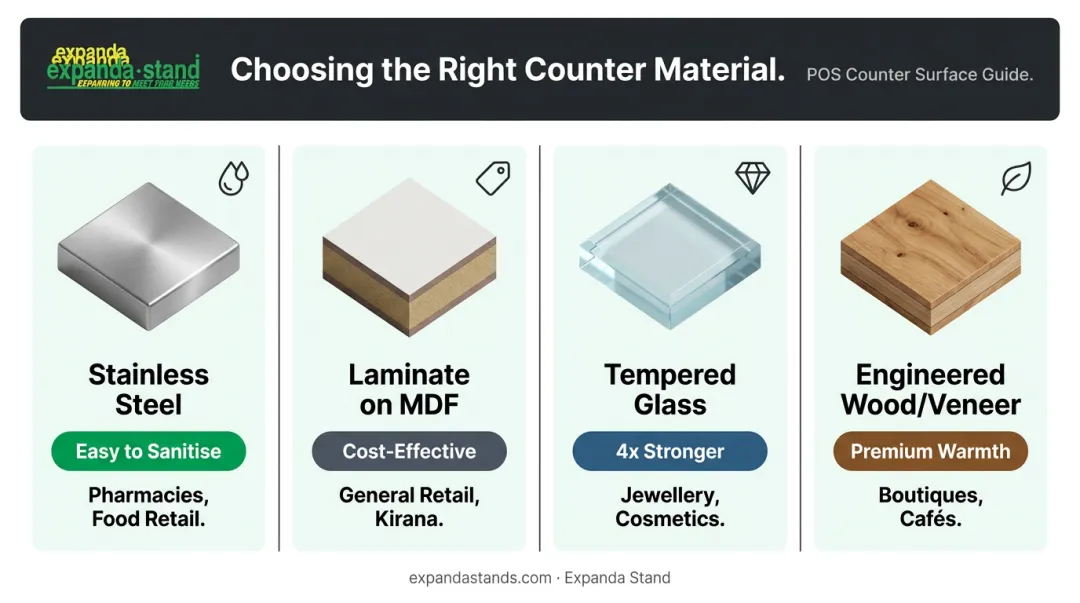 POS counter material selection guide comparing four materials by retail store type