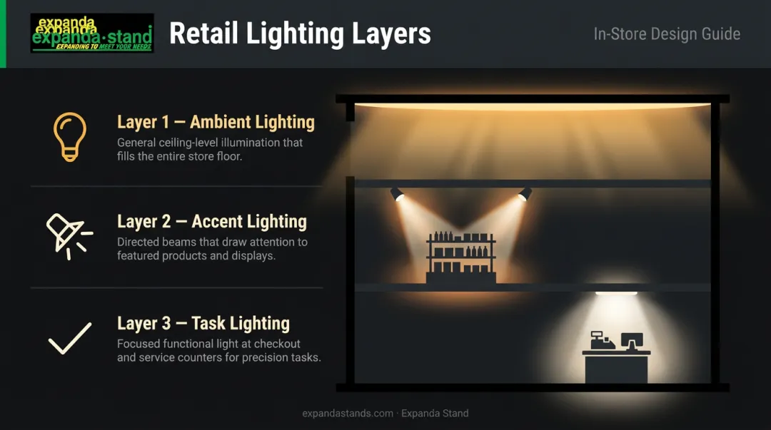 Three layers of retail lighting ambient accent and task lighting explained infographic