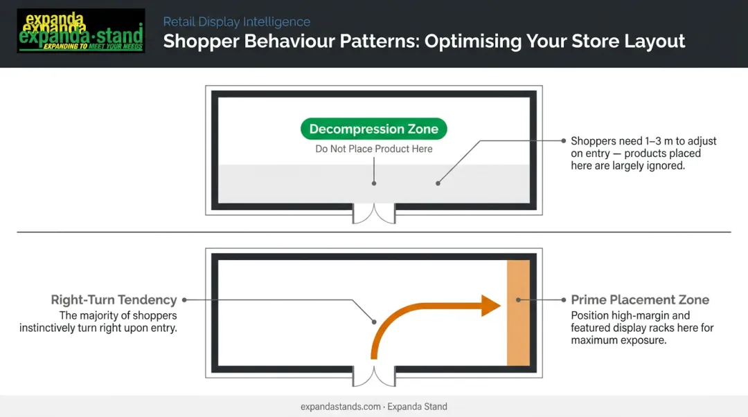 Retail shopper behavior patterns decompression zone and right-turn tendency diagram