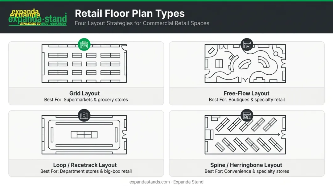 Four retail store layout types grid free-flow loop and spine comparison infographic