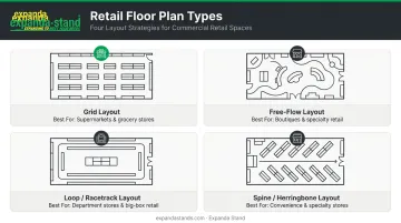 Four retail store layout types grid free-flow loop and spine comparison infographic