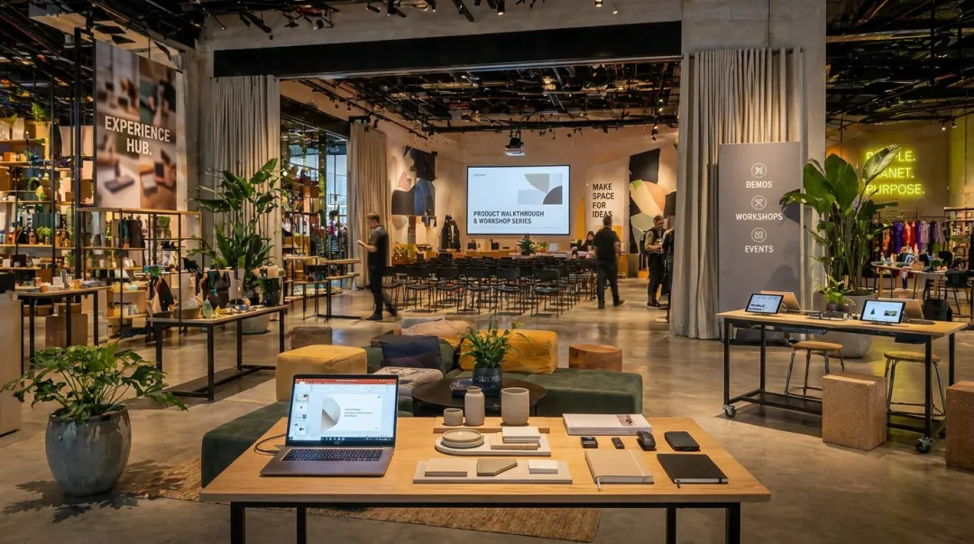 Retail store experiential zone with product demonstration area and customer seating