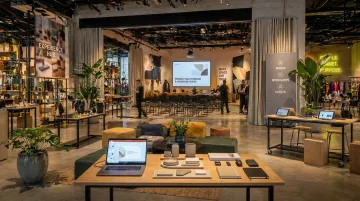 Retail store experiential zone with product demonstration area and customer seating